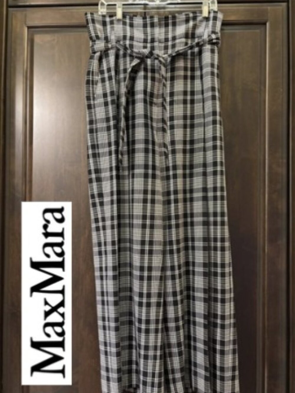 Weekend Max Mara Black and White Plaid Paperbag Pants with Self Tie